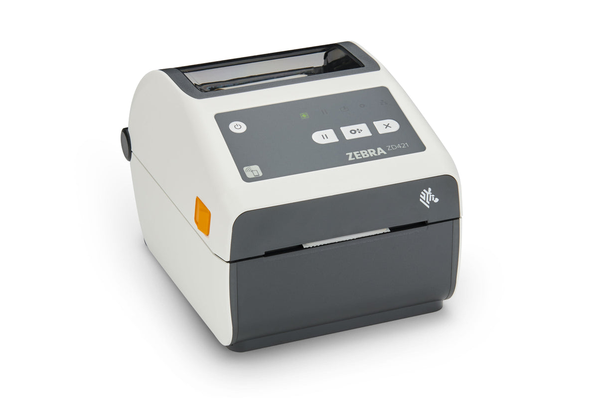 Zebra ZD421d-HC healthcare desktop label printer, white, 203 dpi, USB + Ethernet (ZD4AH42-D0EE00EZ) – front view