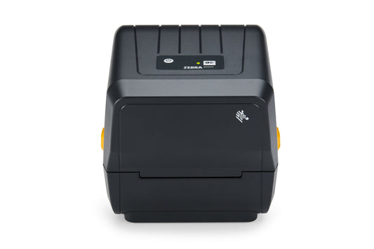 Zebra ZD220t 4-inch thermal transfer desktop label printer, black, USB, tear-off (ZD22042-T0EG00EZ) – front view