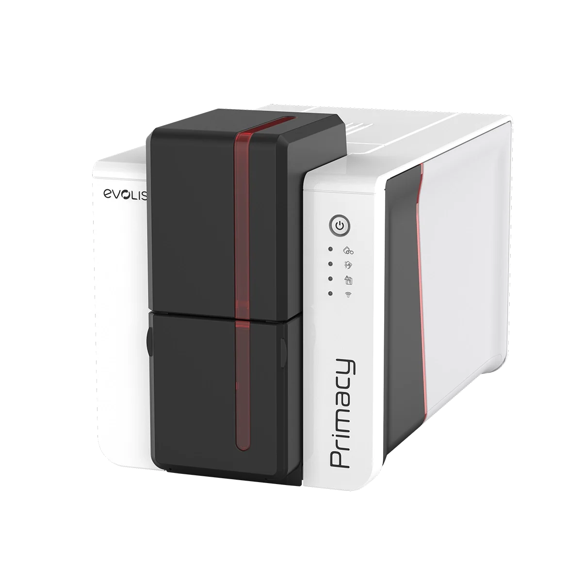 Evolis Primacy 2 plastic card printer, single-sided, LED panel, USB + Ethernet, contact chip encoder (Elyctis), 300 dpi, dye sublimation / thermal transfer (PM2-0005) – angled front view with LED panel