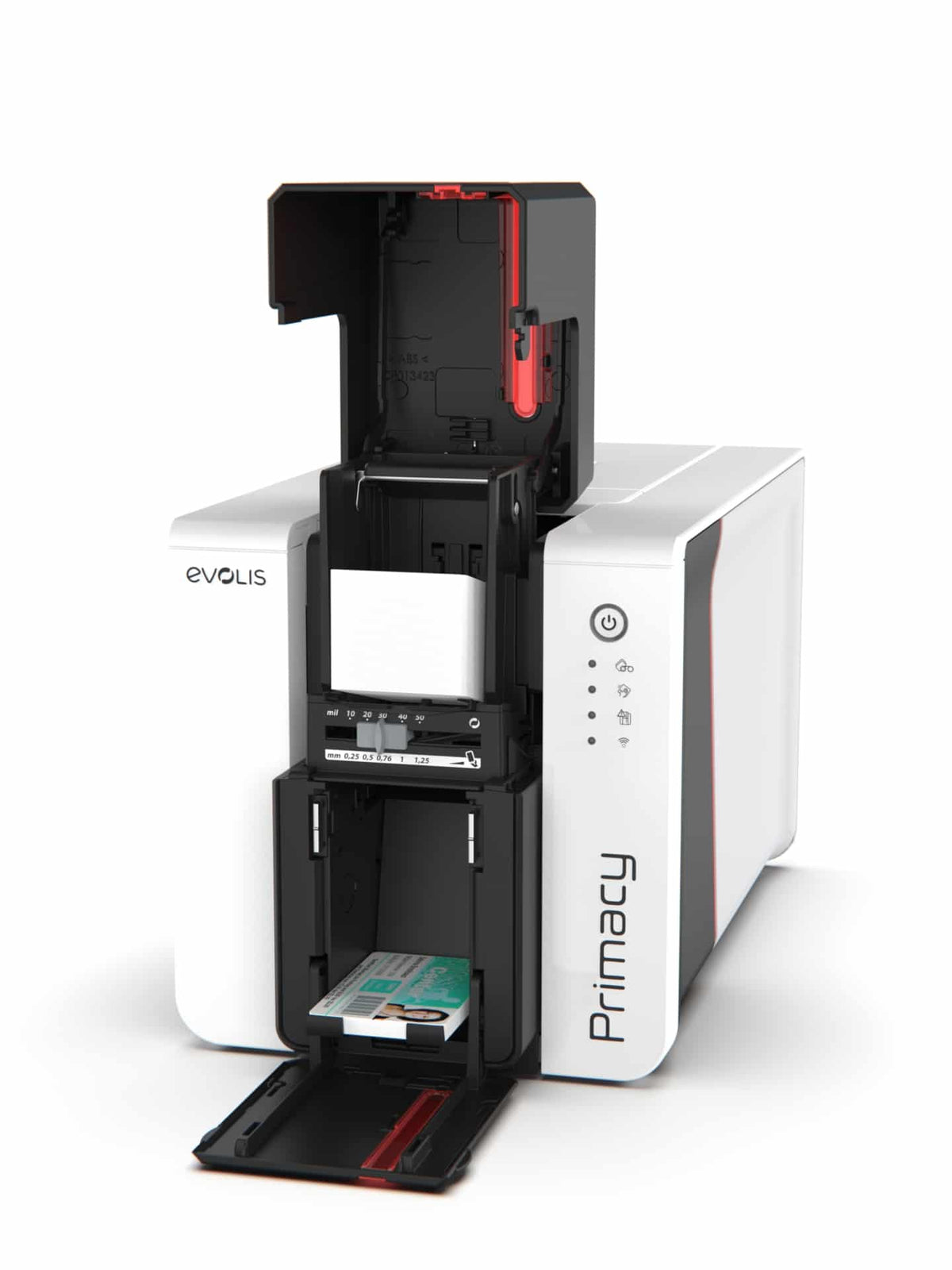 Evolis Primacy 2 plastic card printer, single-sided, LED panel, USB + Ethernet, 300 dpi, dye sublimation / thermal transfer (PM2-0001-E) – card feeder and output hopper open