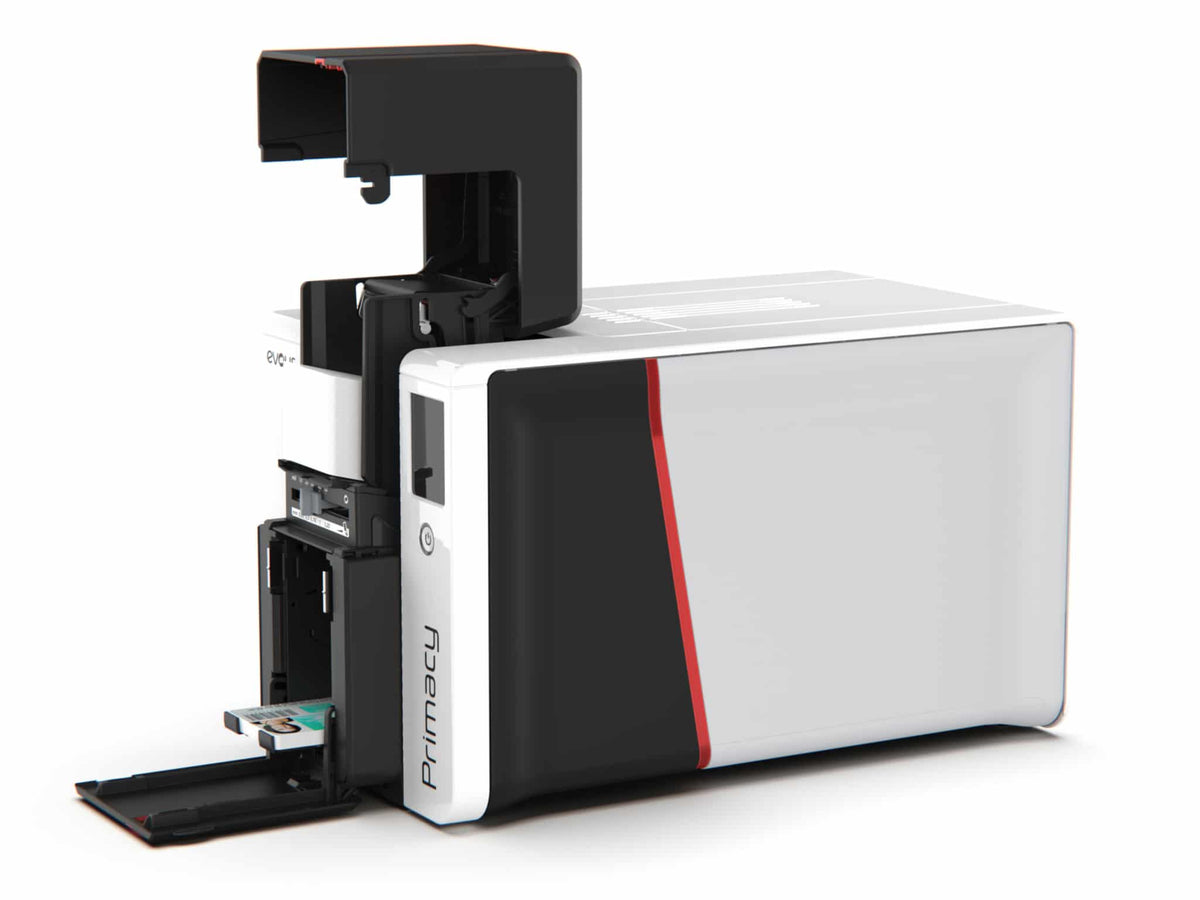 Evolis Primacy 2 plastic card printer, dual-sided, colour LCD touchscreen, USB + Ethernet, contactless (SpringCard HSP), 300 dpi, dye sublimation / thermal transfer (PM2-0019) – feeder and cover open