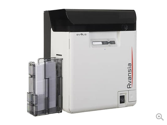 Evolis Avansia retransfer plastic card printer, dual-sided, LCD display, magnetic stripe encoder, USB + Ethernet, 600 dpi, retransfer dye sublimation (AV1HB000BD) – angled view