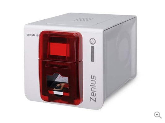 Evolis Zenius Expert plastic card printer, fire red, single-sided, USB + Ethernet, 300 dpi, dye sublimation / thermal transfer (ZN1H0000RS) – angled view