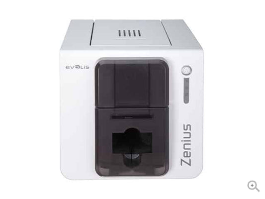 Evolis Zenius Classic plastic card printer, grey-brown, single-sided, USB, 300 dpi, dye sublimation / thermal transfer (ZN1U0000TS) – front view