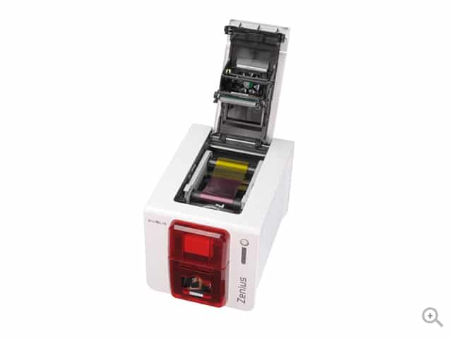 Evolis Zenius Expert plastic card printer, fire red, single-sided, USB + Ethernet, 300 dpi, dye sublimation / thermal transfer (ZN1H0000RS) – open cover