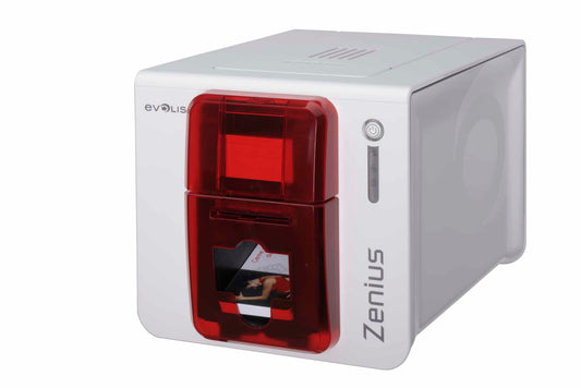 Evolis Zenius Expert plastic card printer, fire red, single-sided, USB + Ethernet, 300 dpi, dye sublimation / thermal transfer (ZN1H0000RS) – front view