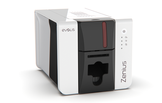 Evolis Zenius 2 Expert plastic card printer, single-sided, USB + Ethernet, 300 dpi, dye sublimation / thermal transfer (ZN2-0002) – angled side view