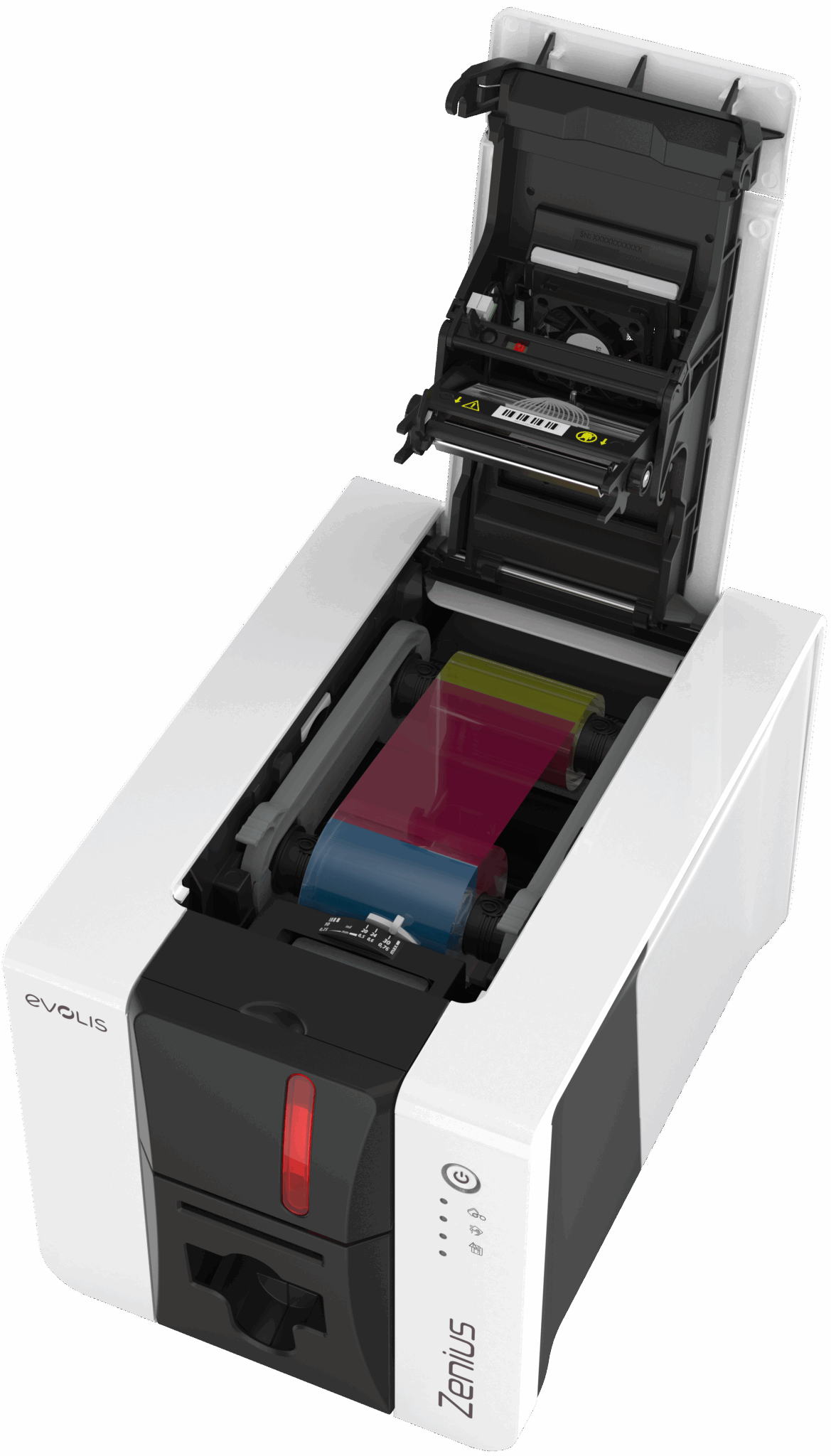 Evolis Zenius 2 Classic plastic card printer, single-sided, USB, 300 dpi, dye sublimation / thermal transfer (ZN2-0001-E) – open ribbon cover