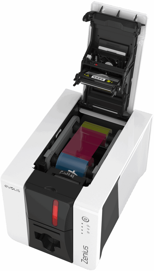 Evolis Zenius 2 Classic GO PACK plastic card printer, single-sided, USB, 300 dpi, dye sublimation / thermal transfer (ZN2-GP-E) – open ribbon cover