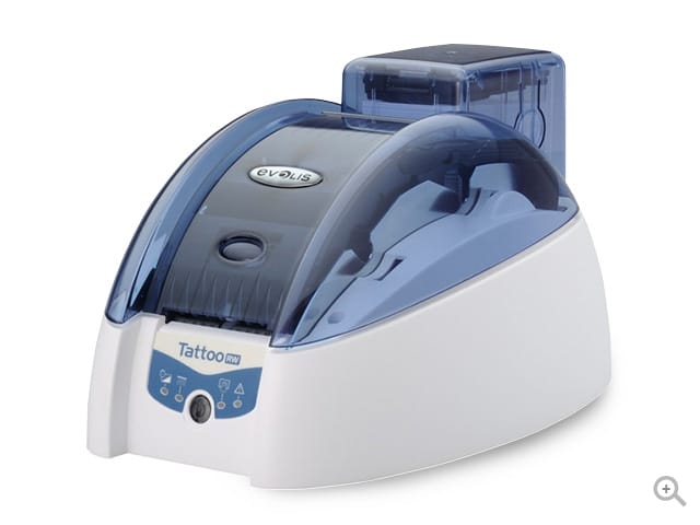 Evolis Tattoo RW rewritable plastic card printer, single-sided, USB + Ethernet, 300 dpi, thermal rewrite (TTR201BBH) – angled view