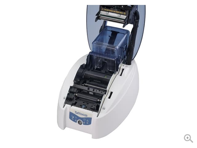 Evolis Tattoo RW rewritable plastic card printer, single-sided, USB + Ethernet, magnetic stripe encoder, 300 dpi, thermal rewrite (TTR201BBH-M) – open cover