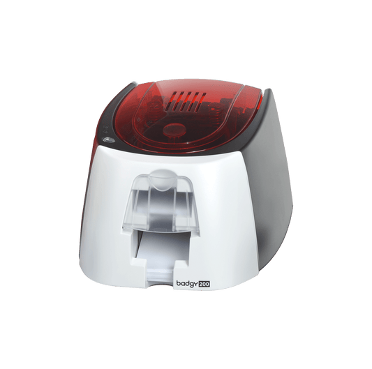 Evolis Badgy200 plastic card printer kit, single-sided colour, USB, with YMCKO ribbon + 100 PVC cards, 300 dpi, dye sublimation / thermal transfer (B22U0000RS) – angled front view