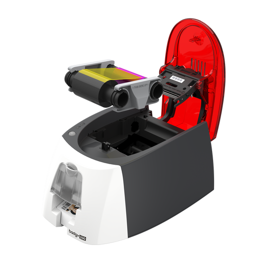 Evolis Badgy200 plastic card printer kit, single-sided colour, USB, with YMCKO ribbon + 100 PVC cards, 300 dpi, dye sublimation / thermal transfer (B22U0000RS) – open cover with ribbon