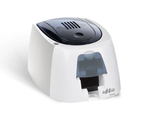 Evolis Edikio Access Price Tag plastic price tag printer, single-sided monochrome, USB, with price tag software, black cards + white ribbon, 300 dpi, thermal transfer (EA2U0000BS-BS001) – front view