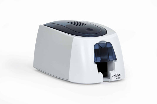 Evolis Edikio Access Guest plastic card printer, single-sided monochrome, USB, with Guest software, black cards + white ribbon, 300 dpi, thermal transfer (EA2U0000BS-BS011) – left side view