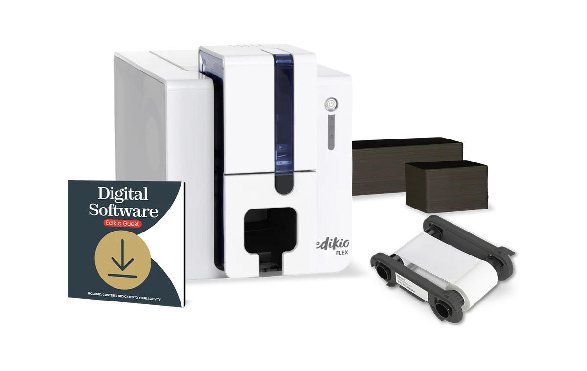 Evolis Edikio Flex Guest plastic card printer, single-sided colour + monochrome, long label format, USB + Ethernet, with Guest software, black cards + white ribbon, 300 dpi, dye sublimation / thermal transfer (EF1H0000XS-BS012) – kit with cards, ribbon and Guest software