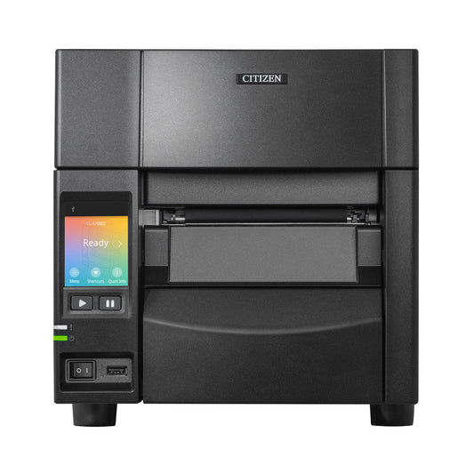 Citizen CL-S703III industrial label printer, black Hi-Open metal case, colour touch LCD, tear bar, 300 dpi, thermal transfer (CLS703IIINEXXX) – front view