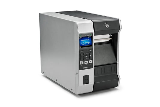Zebra ZT610 industrial label printer, colour display with keypad, tear-off, 300 dpi, thermal transfer (ZT61043-T0E0100Z) – angled front view