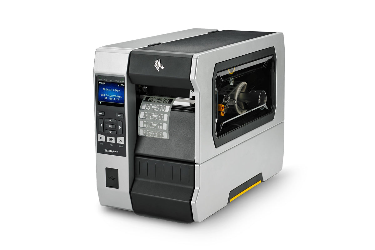 Zebra ZT610 industrial label printer, colour display with keypad, tear-off, UHF RFID, 203 dpi, thermal transfer (ZT61042-T0E01C0Z) – RFID model with media window, angled front view