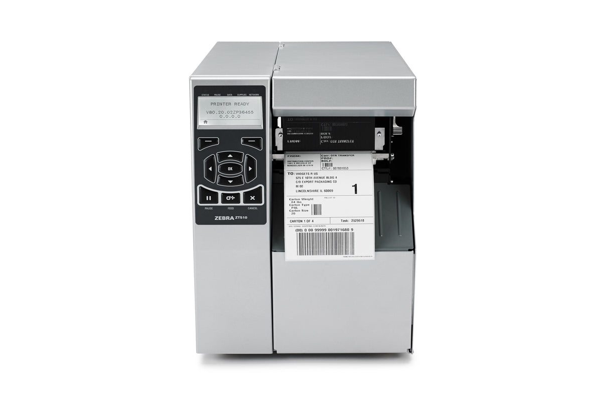 Zebra ZT510 industrial label printer, multi-line LCD, tear-off, 300 dpi, thermal transfer (ZT51043-T0E0000Z) – front view printing a label