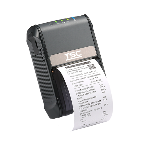 TSC Alpha-2R 2-inch mobile receipt printer, Bluetooth, black (99-062A001-0102) – front 3/4 view printing a receipt