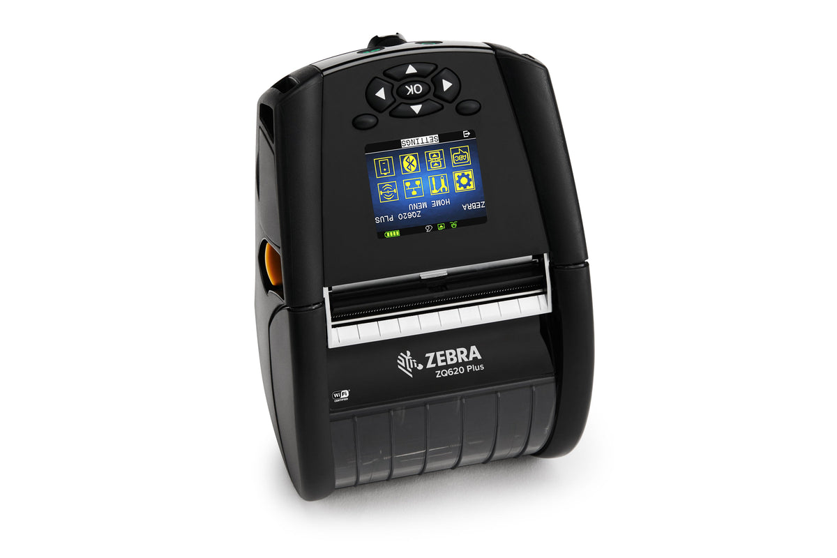 Zebra ZQ620 Plus mobile receipt and label printer, black, Bluetooth (ZQ62-AUFAE14-00) – front 3/4 view
