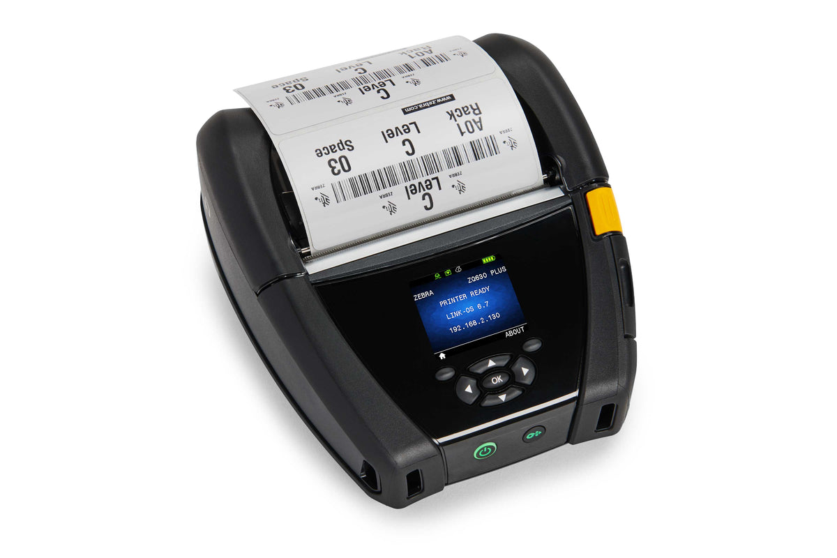 Zebra ZQ630 Plus mobile receipt and label printer, black, Wi-Fi 6 + Bluetooth, linerless (ZQ63-AUX2E14-00) – printing a label