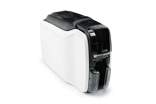 Zebra ZC100 plastic card printer, single-sided, starter kit (ribbon + cards + software) (ZC11-0000Q00EM00) – angled front view