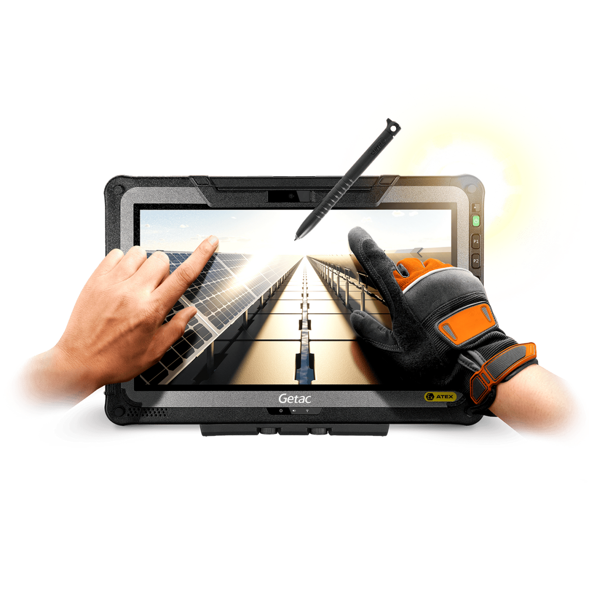 Getac F110 G7-EX ATEX/IECEx Zone 2/22 rugged 11.6-inch tablet, RS-232 serial + LAN ports (FT7Q64TI1LMX) – in use with digitizer pen