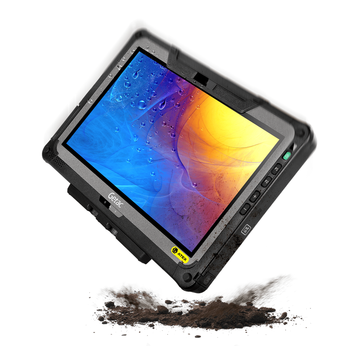Getac F110 G7-EX ATEX/IECEx Zone 2/22 rugged 11.6-inch tablet, 2D barcode reader, Smart card reader (FTBQ66TI3DHA) – angled front view