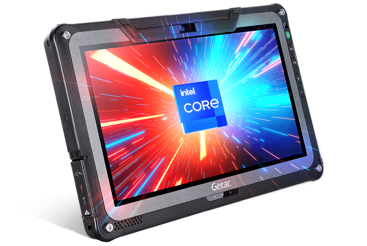 Getac F110 G7 rugged 11.6-inch tablet, RS-232 serial + LAN ports (FT7164TI1MMX) – angled front view