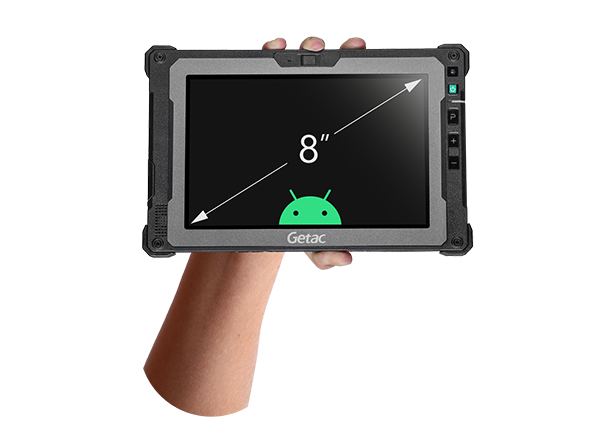 Getac ZX80 8" rugged Android tablet, without barcode scanner (Z8A7LXGX1EXX) – held in hand