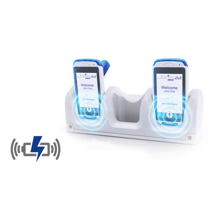 Datalogic Joya Touch 22 self-shopping Android handheld terminal, grey/blue, handheld (911400027) – in wireless charging cradle