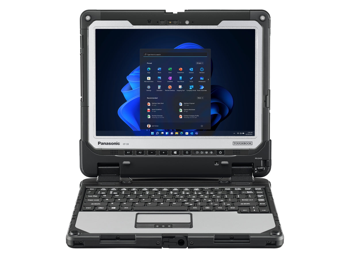 Panasonic TOUGHBOOK 33 mk4 fully rugged 12-inch 2-in-1 tablet with detachable Belgian (AZERTY) keyboard (CF-339AAACBL) – front view in laptop mode