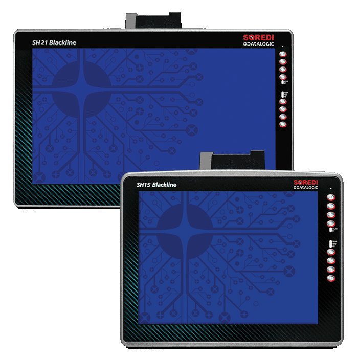 Datalogic SH15 Blackline 15-inch vehicle-mount computer, Intel quad-core, Windows Embedded Standard 7 (94S151233) – front view shown with the SH21 Blackline